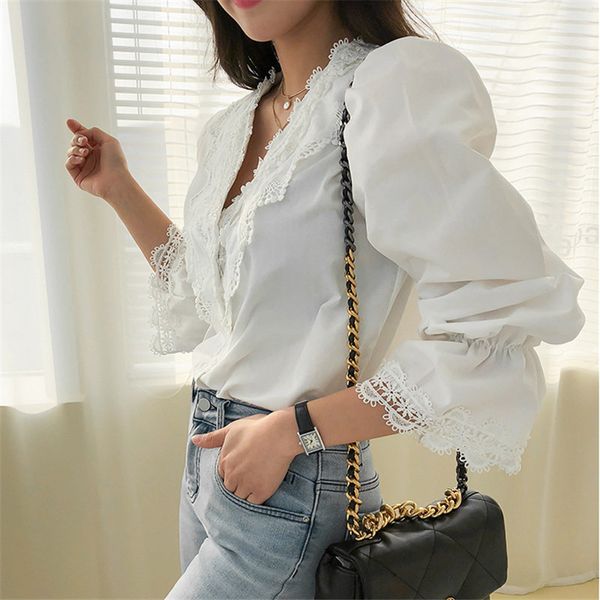 spring french v-neck lace ruffles loose blouses chic leisure office lady streetwear all match shirts 210421, White
spring french v-neck lace ruffles loose blouses chic leisure office lady streetwear all match shirts 210421, White