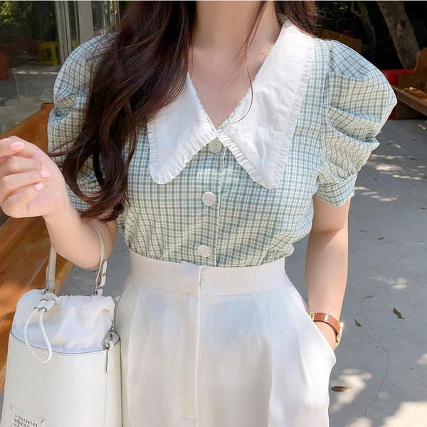 women's blouses & shirts vintage plaid blouse women puff sleeve summer chic korean plus size female femme, White
women's blouses & shirts vintage plaid blouse women puff sleeve summer chic korean plus size female femme, White