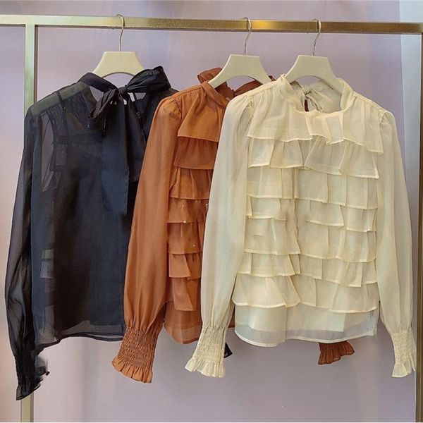 women's blouses & shirts cascading ruffles patchwork long sleeve blouse sweet bow lace-up stand collar autumn micro through chiffon blu, White
women's blouses & shirts cascading ruffles patchwork long sleeve blouse sweet bow lace-up stand collar autumn micro through chiffon blu, White
