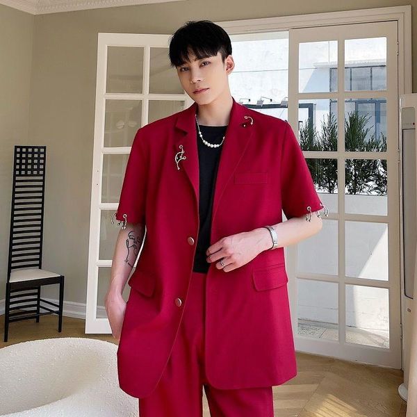 men's suits & blazers personalized metal ring decoration wine red banquet short sleeve jacket for men stage costumes singers blazer mas, White;black
men's suits & blazers personalized metal ring decoration wine red banquet short sleeve jacket for men stage costumes singers blazer mas, White;black