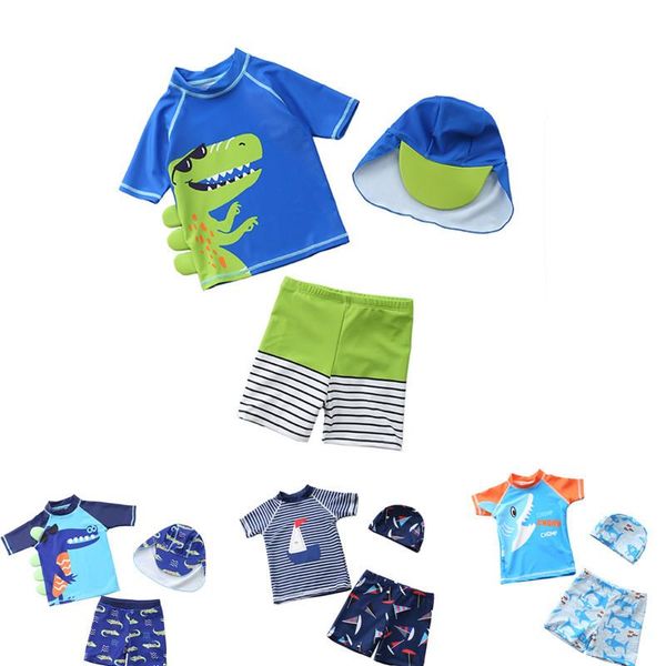 ircomll 2021 children's swimsuit kids cartoon short sleeves swimming trunks boys with swimming cap boy's swimwear one-pieces, Black
