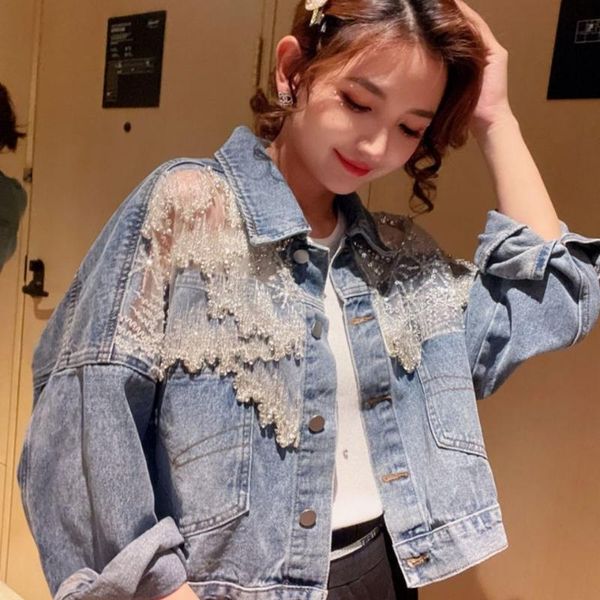 women's jackets women beaded denim jacket with diamnds female loose thin mesh stitching cropped spring summer autumn 2021, Black;brown
women's jackets women beaded denim jacket with diamnds female loose thin mesh stitching cropped spring summer autumn 2021, Black;brown