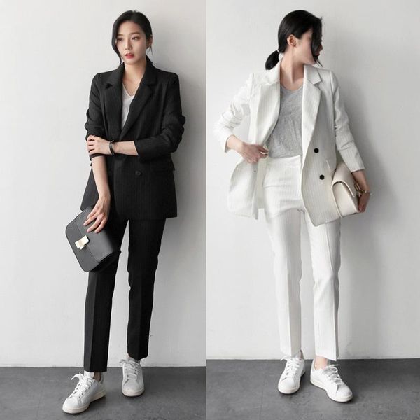 women's two piece pants autumn suits vertical stripes long-sleeved professional blazer and trousers two-piece sets, White
women's two piece pants autumn suits vertical stripes long-sleeved professional blazer and trousers two-piece sets, White