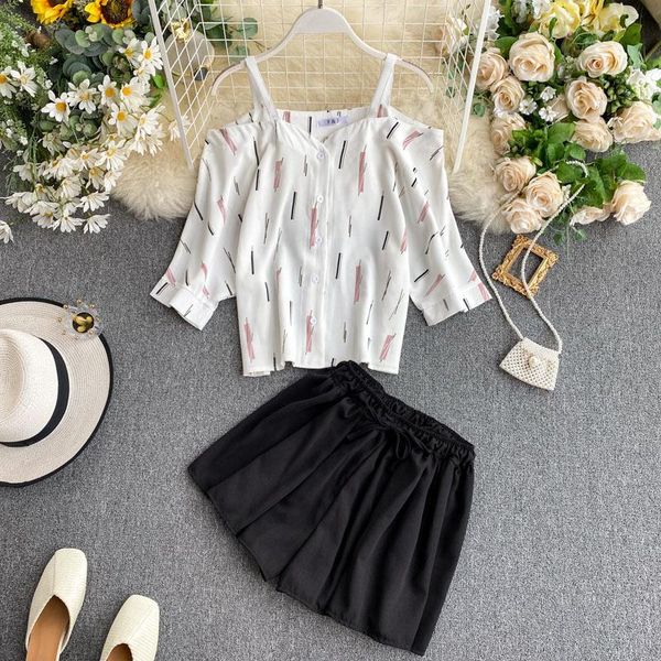 two piece dress summer korean pieces suits sling strap blouse + lace up high waist wide leg shorts fashion women sets, White
two piece dress summer korean pieces suits sling strap blouse + lace up high waist wide leg shorts fashion women sets, White