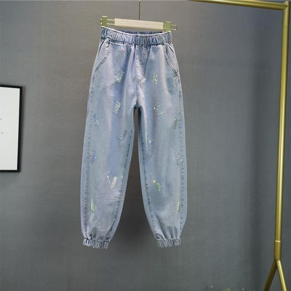 women's jeans lightweight shine beading women loose harem ankle length casual all match female clothing quality, Blue
women's jeans lightweight shine beading women loose harem ankle length casual all match female clothing quality, Blue