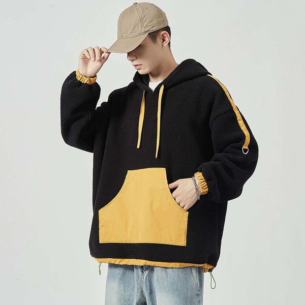 men's hoodies & sweatshirts sweater autumn loose large casual lamb wool splicing hooded pullover trend color contrast coat ii99, Black