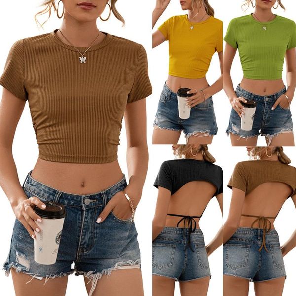 women's t-shirt backless crop summer fashion back lace-up t-shirts short sleeve o-neck ribbed t shirts leisure vacation beach tees, White
women's t-shirt backless crop summer fashion back lace-up t-shirts short sleeve o-neck ribbed t shirts leisure vacation beach tees, White