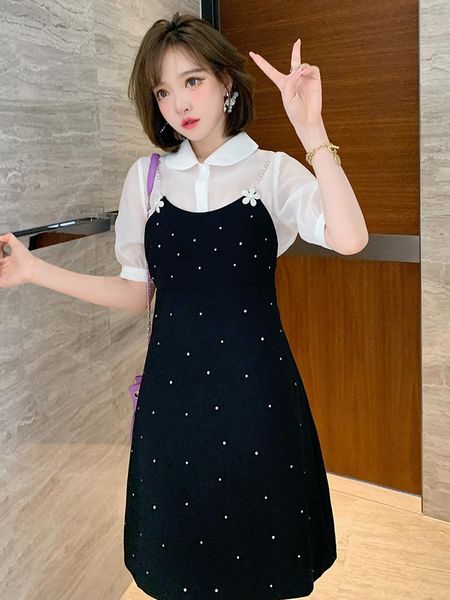 casual dresses lapel perspective shirt+two piece dress with drill flower sling, Black;gray 
casual dresses lapel perspective shirt+two piece dress with drill flower sling, Black;gray