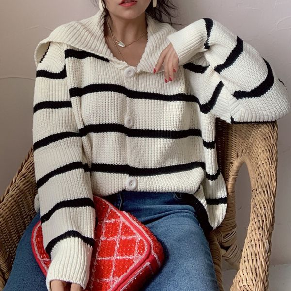 knits autumn winter women sweater korean hit color striped causal knitted cardigan long sleeve turn down collar knitwear outerwear r24p, White
knits autumn winter women sweater korean hit color striped causal knitted cardigan long sleeve turn down collar knitwear outerwear r24p, White