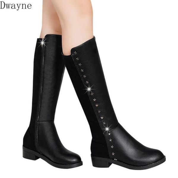 boots autumn and winter mid-calf women's flat shoes high heel warm plush pu leather, Black