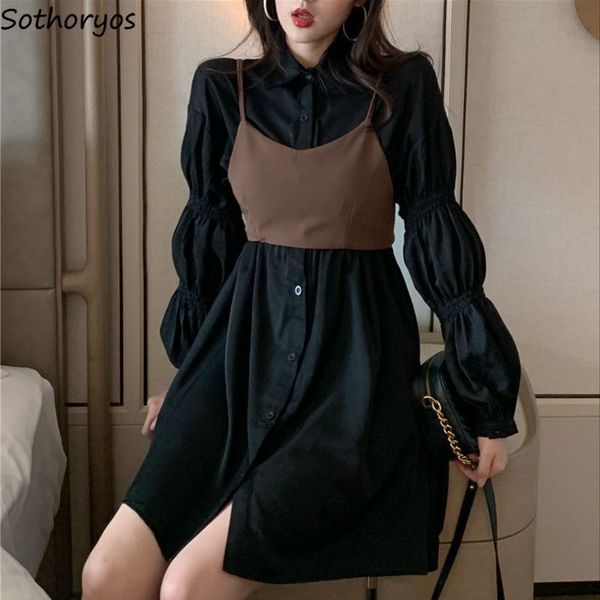 casual dresses long sleeve women solid black fake two pieces puff sleeves mini dress turn-down collar button up female high waist korea, Black;gray
casual dresses long sleeve women solid black fake two pieces puff sleeves mini dress turn-down collar button up female high waist korea, Black;gray