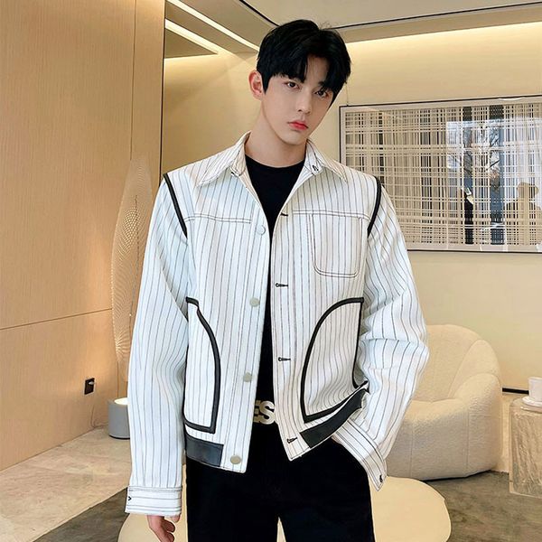 men's jackets spring korean style black white striped splice leather short denim jacket male streetwear vintage jeans coat menswear 9u2, Black;brown
men's jackets spring korean style black white striped splice leather short denim jacket male streetwear vintage jeans coat menswear 9u2, Black;brown