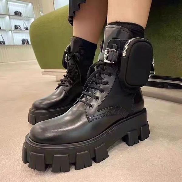 boots lady heavy lug soles leather combat removable buckled ankle strap with zip pouch round toe lace-up rugged utilitarian boot, Black