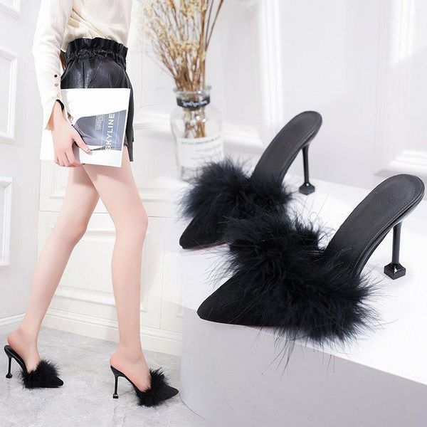 slippers slim heel large women's shoes pointed toe super high real plush half, Black
slippers slim heel large women's shoes pointed toe super high real plush half, Black