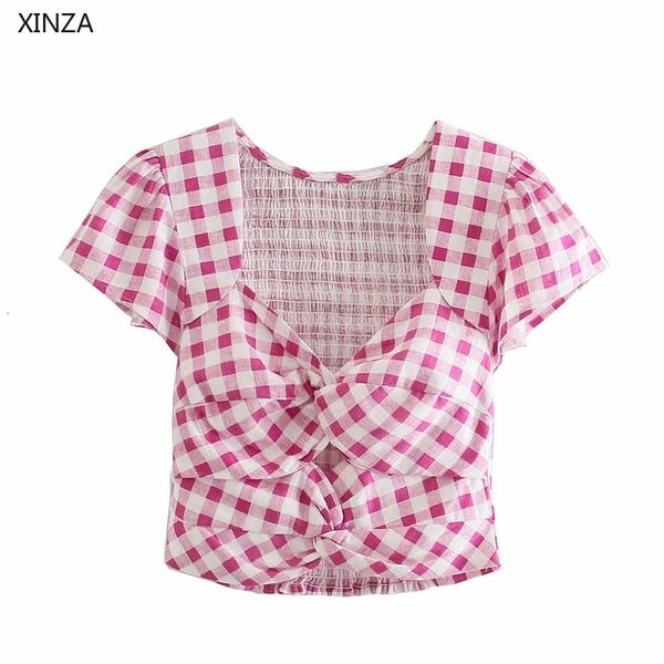 women's knits & tees women pink cropped plaid blouse short sleeve hollow out summer fashion back smocked woman knotted gingha, White
women's knits & tees women pink cropped plaid blouse short sleeve hollow out summer fashion back smocked woman knotted gingha, White