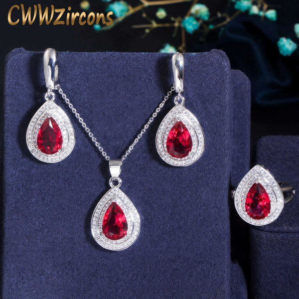two lines cubic zirconia elegant water drop rose red cz crystal 3 pc engagement jewelry set fashion gift t102 210714, Silver
two lines cubic zirconia elegant water drop rose red cz crystal 3 pc engagement jewelry set fashion gift t102 210714, Silver
