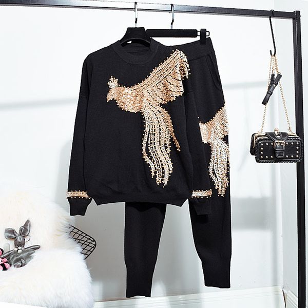 women's two piece pants fashion black knitted tracksuit set women manual beading sequin eagle sweater pencil outfits loose casual, White
women's two piece pants fashion black knitted tracksuit set women manual beading sequin eagle sweater pencil outfits loose casual, White
