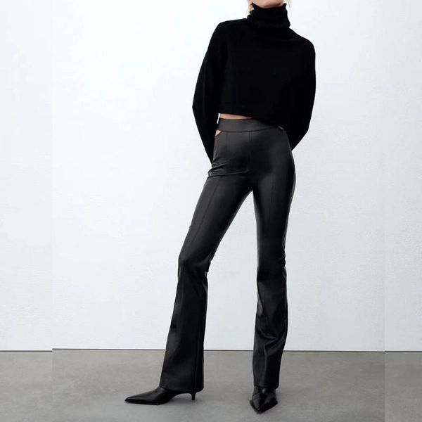 women's pants & capris 2021 za women fashion opening design imitation leather flare vintage high waist back zipper female pantalones mu, Black;white
women's pants & capris 2021 za women fashion opening design imitation leather flare vintage high waist back zipper female pantalones mu, Black;white