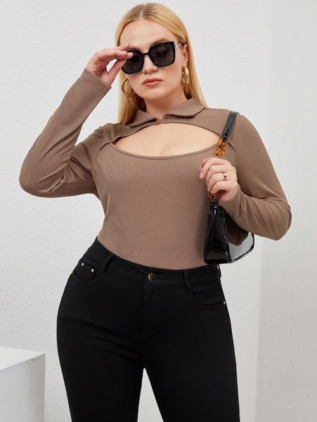 plus choker neck ribbed knit bodysuit g51j#, Black
