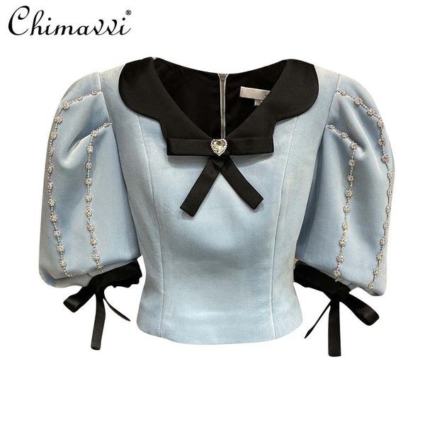 women's blouses & shirts 2021 summer fashion court style v-neck beaded bow puff sleeve cinched slimming blue blouse female retro all-ma, White
women's blouses & shirts 2021 summer fashion court style v-neck beaded bow puff sleeve cinched slimming blue blouse female retro all-ma, White