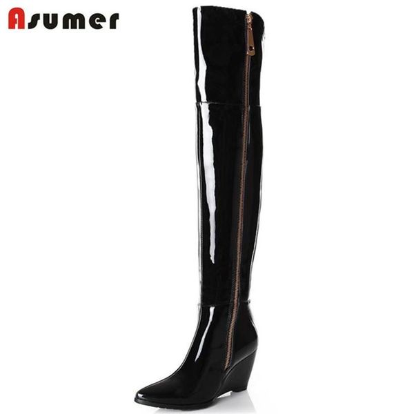 boots patent leather pu + genuine solid office big size women over the knee medium thick heels rome winter, Black
boots patent leather pu + genuine solid office big size women over the knee medium thick heels rome winter, Black