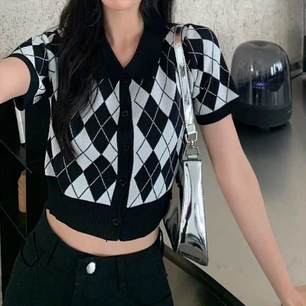y2k retro argyle plaid polo womens sweaters collar knit cardigan single breasted shirt preppy style short sleeve crop top, White;black
y2k retro argyle plaid polo womens sweaters collar knit cardigan single breasted shirt preppy style short sleeve crop top, White;black