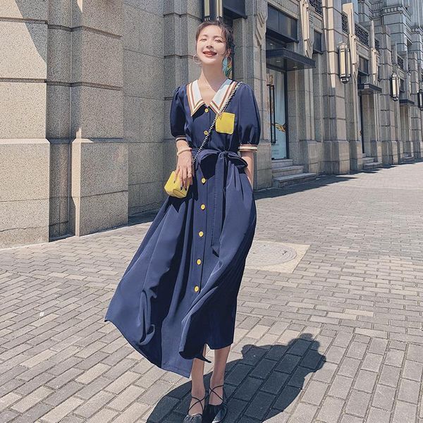 party dresses shirt for women 2021 summer fashion elegant korean splice puff sleeve sailor collar navy bandage vinatge long dress, White;black
party dresses shirt for women 2021 summer fashion elegant korean splice puff sleeve sailor collar navy bandage vinatge long dress, White;black