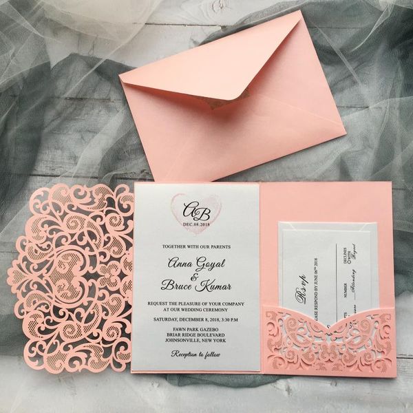 greeting cards pink laser cut wedding invitation suit, unique with envelope - set of 50pcs
greeting cards pink laser cut wedding invitation suit, unique with envelope - set of 50pcs