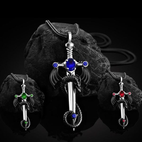pendant necklaces vintage gothic warrior dragon and ruby/sapphire/green gem sword necklace punk men's 316l stainless steel party jewelr, Silver
pendant necklaces vintage gothic warrior dragon and ruby/sapphire/green gem sword necklace punk men's 316l stainless steel party jewelr, Silver