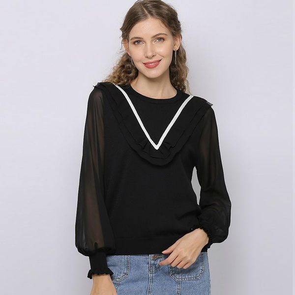 women's sweaters spring summer women sweet ruffles long sleeve pullover shirts stitching knitted sweater blouses outerwear t20605, White;black
women's sweaters spring summer women sweet ruffles long sleeve pullover shirts stitching knitted sweater blouses outerwear t20605, White;black