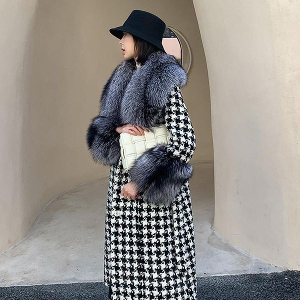 women's fur & faux fashion winter warm women coat with big collar houndstooth woolen jackets coats outerwear real jacket belt, Black
women's fur & faux fashion winter warm women coat with big collar houndstooth woolen jackets coats outerwear real jacket belt, Black