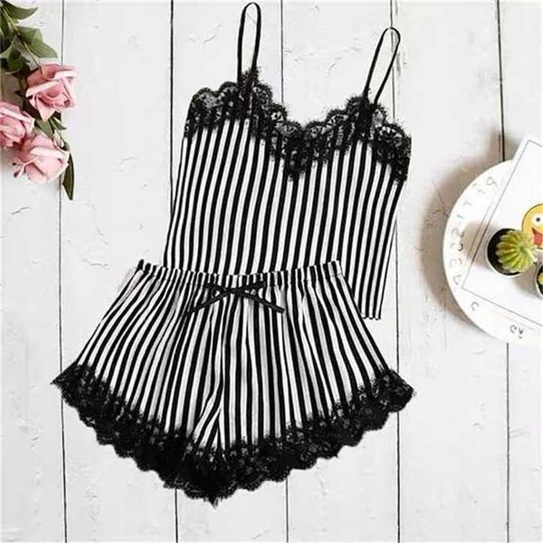 women lace pajams ice silk pajamas women's summer suit lace silk underwear stripe suspender home clothes 211202, Black;white
women lace pajams ice silk pajamas women's summer suit lace silk underwear stripe suspender home clothes 211202, Black;white