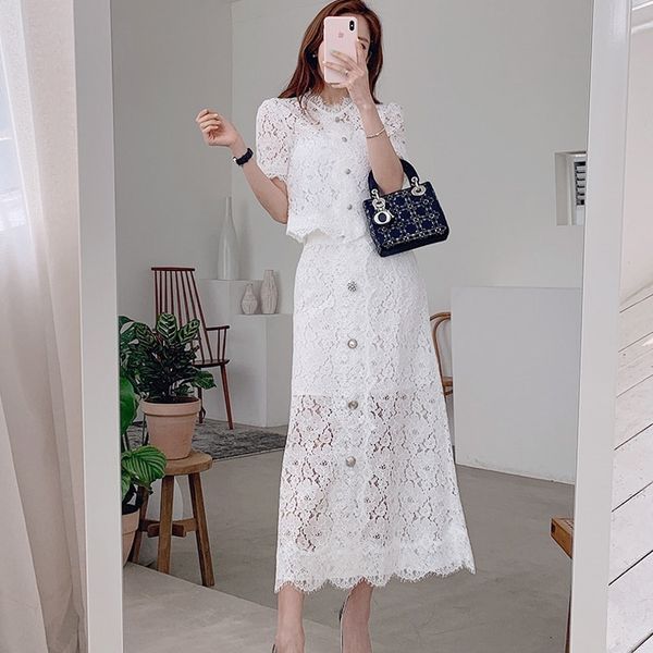 summer 2 pieces suits women short sleeve beading button lace shirt + single-breasted a-line long skirt office set 210416, White
summer 2 pieces suits women short sleeve beading button lace shirt + single-breasted a-line long skirt office set 210416, White