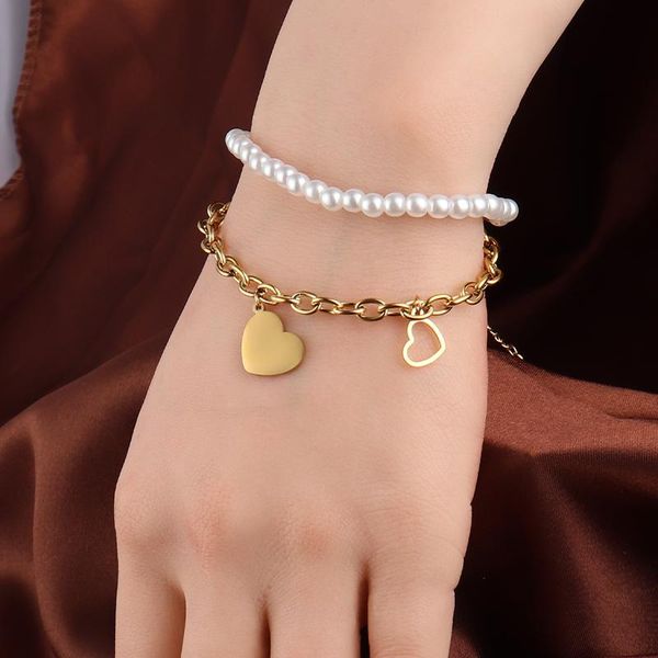 link, chain stainless steel bracelet for women double layer heart pearl geometric butterfly jewelry gift, Black
link, chain stainless steel bracelet for women double layer heart pearl geometric butterfly jewelry gift, Black