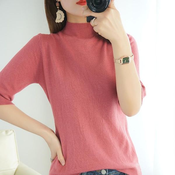 women's t-shirt knitted short-sleeved solid color half-sleeved sweater half-high collar five-point sleeve, White
women's t-shirt knitted short-sleeved solid color half-sleeved sweater half-high collar five-point sleeve, White