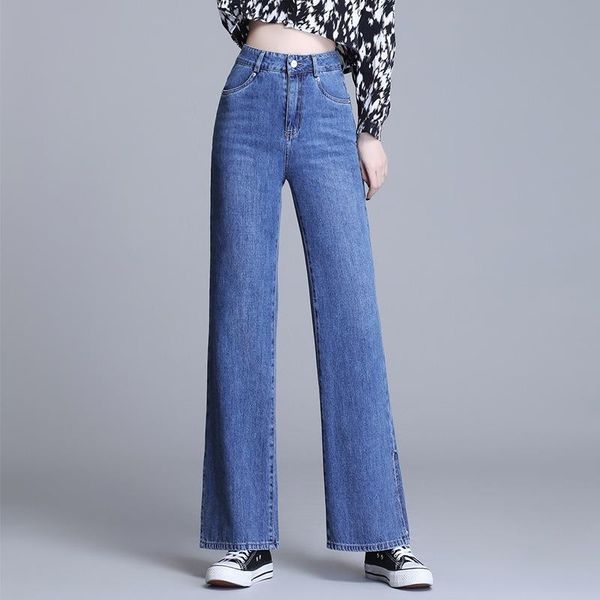 denim wide-leg pants women's legs slit high waist slim loose casual straight-leg jeans women, Blue
