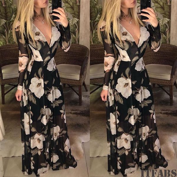 summer fashion maxi boho long women skirts floral beach evening printed party v neck sundress, Black
summer fashion maxi boho long women skirts floral beach evening printed party v neck sundress, Black