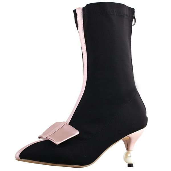 dress shoes lf60432 show story retro two tone bow pointed toe exquisite pearl heel ankle bootie, Black
dress shoes lf60432 show story retro two tone bow pointed toe exquisite pearl heel ankle bootie, Black