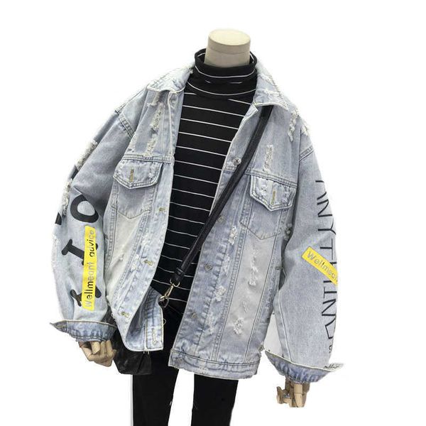 women vintage graffiti jeans jacket loose harajuku long sleeve holes coat autumn streetwear denim jackets 210531, Black;brown
women vintage graffiti jeans jacket loose harajuku long sleeve holes coat autumn streetwear denim jackets 210531, Black;brown