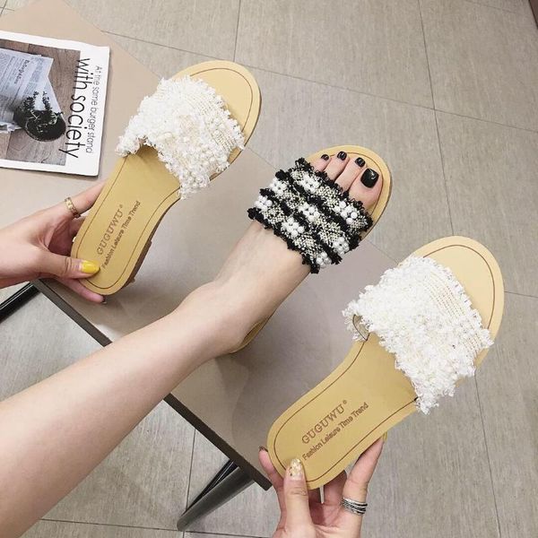 slippers casual shoes woman 2021 string bead pantofle luxury summer flat pu slides fabric basic sewing female, Black
slippers casual shoes woman 2021 string bead pantofle luxury summer flat pu slides fabric basic sewing female, Black