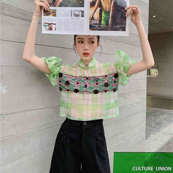 women's knits & tees organza green sheer blouse women elegant designer plaid mesh puff sleeve see through crop summer fashion, White
women's knits & tees organza green sheer blouse women elegant designer plaid mesh puff sleeve see through crop summer fashion, White