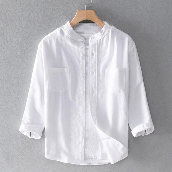 men's casual shirts 2021 style three-quarter sleeve linen shirt men brand cotton for fashion stand collar mens chemise, White;black
men's casual shirts 2021 style three-quarter sleeve linen shirt men brand cotton for fashion stand collar mens chemise, White;black