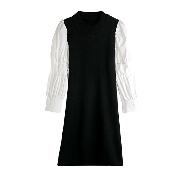 women black white patchwork o neck puff long sleeve mini dress spring sheath d1724 210514, Black;gray
women black white patchwork o neck puff long sleeve mini dress spring sheath d1724 210514, Black;gray