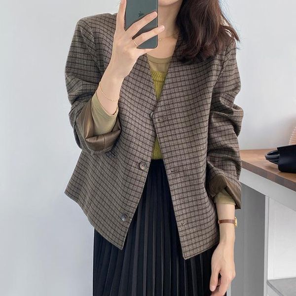 women's suits & blazers retro plaid long sleeve woman v-neck single-breasted button tailored coat women autumn fashion short, White;black
women's suits & blazers retro plaid long sleeve woman v-neck single-breasted button tailored coat women autumn fashion short, White;black