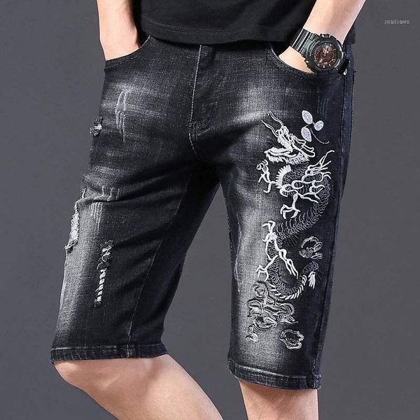 summer ripped jeans shorts male dragon embroidery pattern trend men's embroidered slim stretch thin pants trouser, White;black