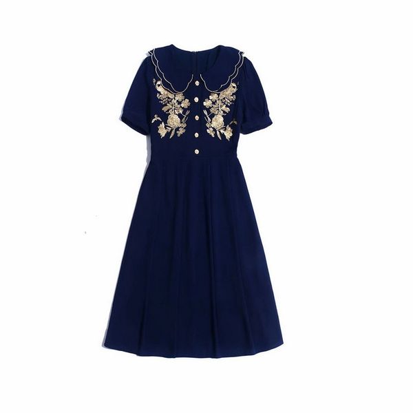 dress summer fashion high street women peter pan collar luxurious golden embroidery short sleeve mid-calf dark blue dress, Black;gray
dress summer fashion high street women peter pan collar luxurious golden embroidery short sleeve mid-calf dark blue dress, Black;gray