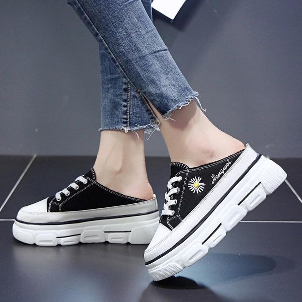 women slippers wedge canvas casual shoes 6.5cm height increasing flat platform breathable sneakers, Black
women slippers wedge canvas casual shoes 6.5cm height increasing flat platform breathable sneakers, Black