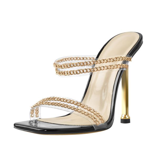 sandals women's square toe transparent pvc golden chain mules slip on thin metal high fashion big size sandals, Black
sandals women's square toe transparent pvc golden chain mules slip on thin metal high fashion big size sandals, Black