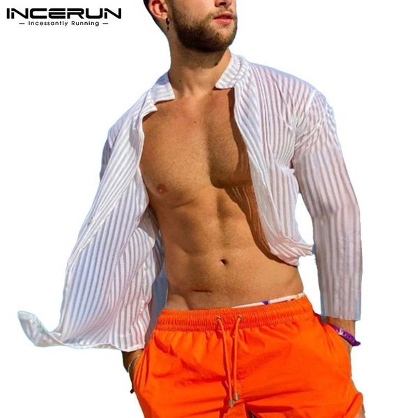 men's casual shirts incerun fashion men striped shirt mesh transparent breathable lapel long sleeve clothing streetwear camisas 2021, White;black
men's casual shirts incerun fashion men striped shirt mesh transparent breathable lapel long sleeve clothing streetwear camisas 2021, White;black