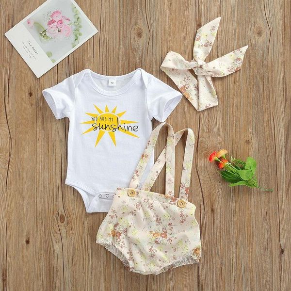 0-18m cute born baby boy girl short sleeve cotton bodysuit floral suspender shorts bottom headband 3pcs clothing set sets, White 
0-18m cute born baby boy girl short sleeve cotton bodysuit floral suspender shorts bottom headband 3pcs clothing set sets, White
